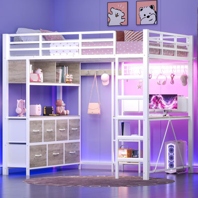 Lit mezzanine double avec 7 tiroirs de rangement, grande bibliothèque à 2 cubes, bureau en L et station de charge, lit mezzanine en métal avec lumières DEL et tablette ouverte, lit avec barrière de sécurité et échelles, gris chêne | Lit mezzanine double 4 en 1
