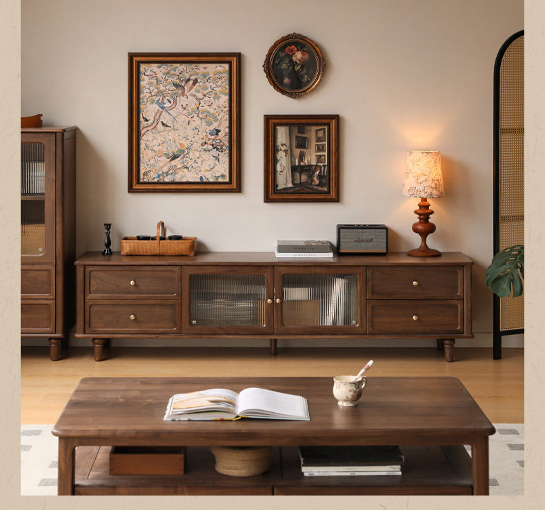 86.6"W Solid Walnut Modern Traditional TV Stand, 86.6"L