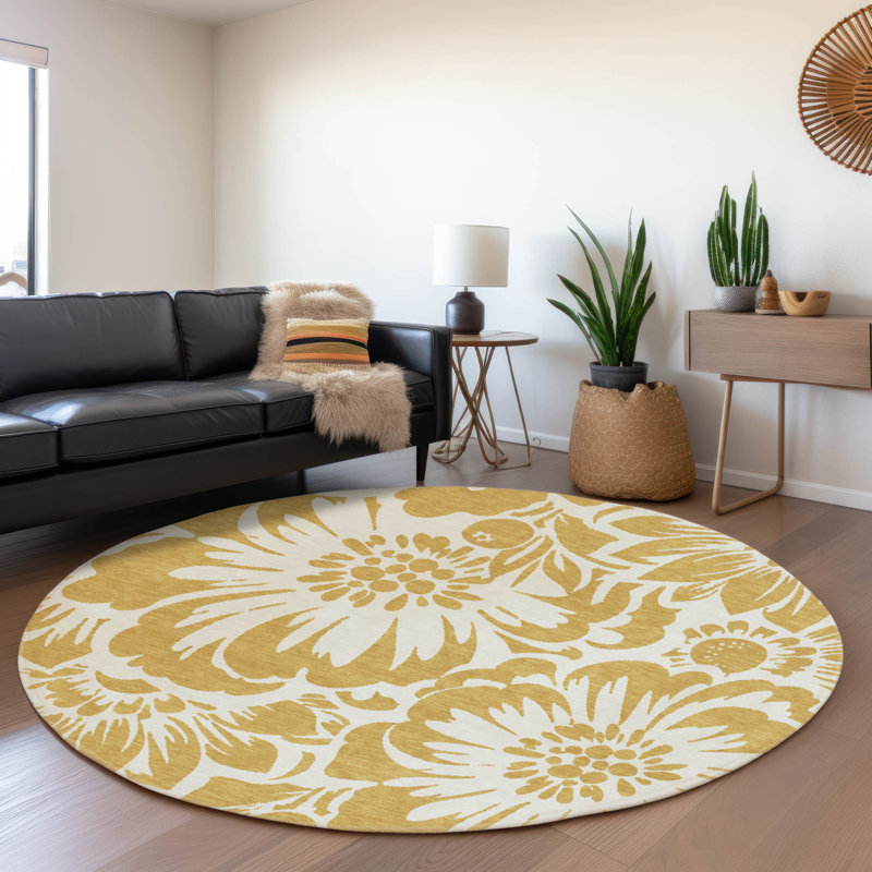 Premium Machine Washable Cerrito AMF551 Gold Rug, Round 8'