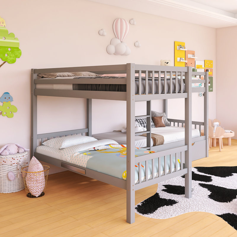 Wood Frame Twin Over Twin Size L-Shaped Bunk Bed With Drawers, Gray