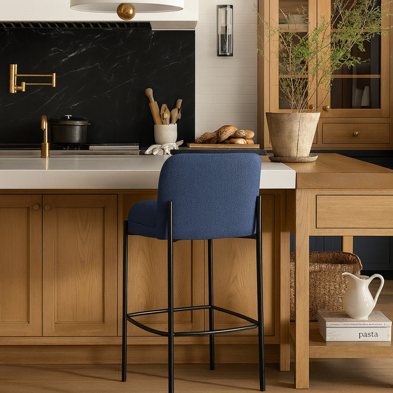 Brixen Upholstered Counter Stool with Metal Frame, Navy Chenille Fabric