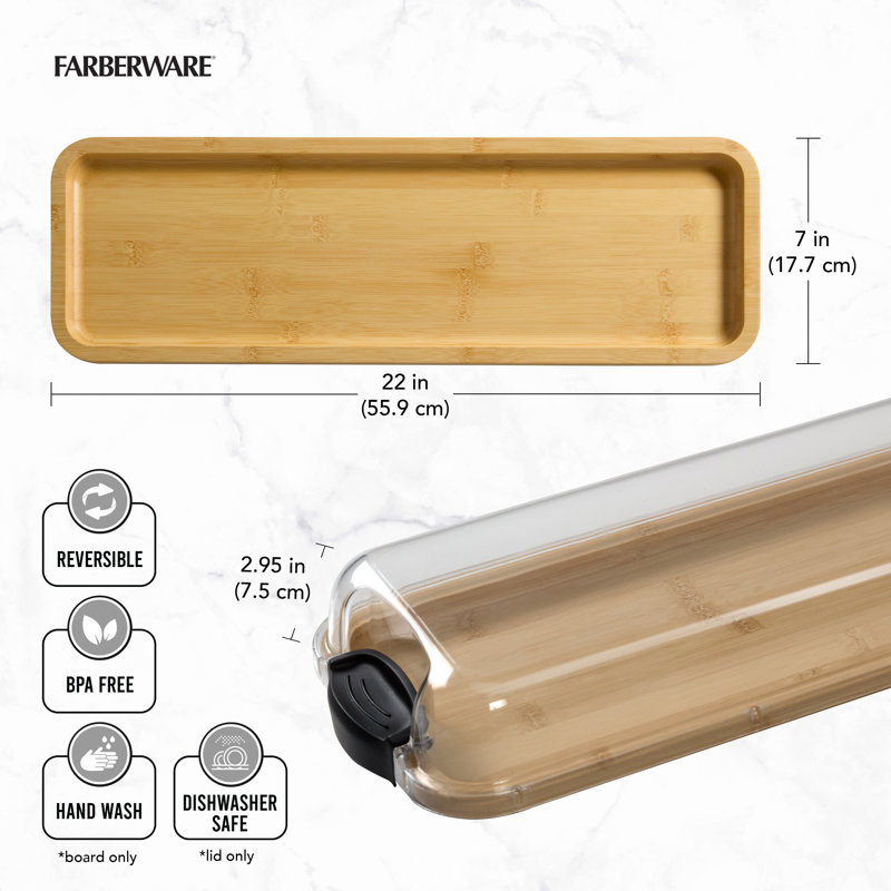 Farberware Large Build-a-Board Bamboo Serving Platter, Long Rectangle Portable Snack Box with Clear BPA-Free Lid and Black Locking Handles; 17.5 x 56cm
