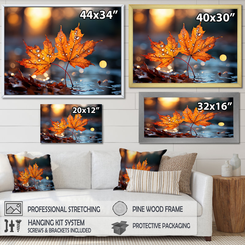 «Orange Autumn Maple Leaves III» - Art mural érable,  H 12 po x l 20 po x P 1 po, Cadre flottant noir