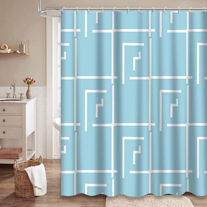 Rideau de douche bleu avec motif géométrique bleu et blanc à 12 crochets, L 72 po x l 72 po
