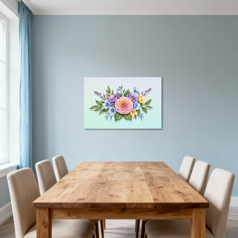 Bouquet de plantes et de fleurs avec rose rose et fleurs bleues, H 16 po x l 24 po