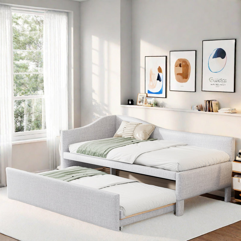Upholstered L-shaped Upholstered Daybed With Pop Up Trundle, Beige