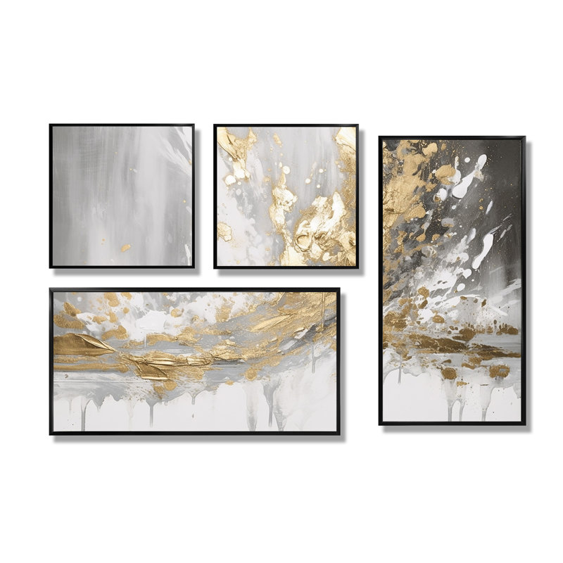 «White Collusion Abstract», reproduction d'art moderne sur toile 4 pièces, Impression encadrée sans passe-partout, Noir