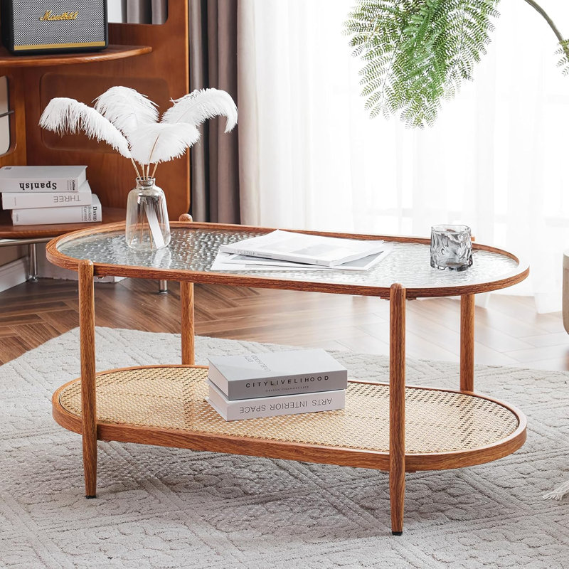 Double-Layer Oval Ripple Glass And PE Rattan Tabletop Paired With Heat Transfer Wood Grain Iron Frame Coffee Table