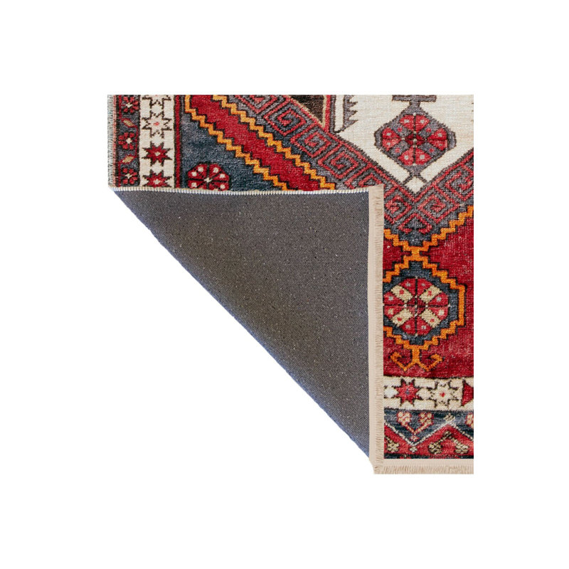 Tapis décoratif rétro traditionnel bleu et rouge lavable à la machine, Sous-tapis rectangulaire 2 pi 6 po x 4 pi 11 po