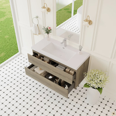 42" Floating Bathroom Vanity With Sink, Wall-Mounted Bathroom Storage Vanity Cabinet With Solid Surface Top Basin And Soft Close Drawers