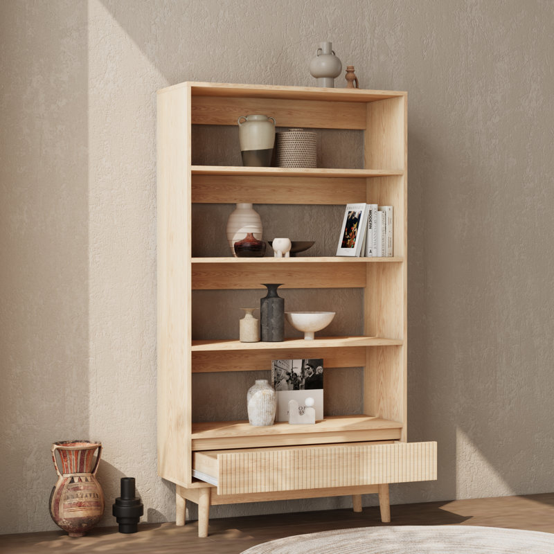 Bibliothèque à 4 niveaux avec tiroir de rangement en bois rainuré (2 pièces), (4 tablettes) H 58,7 po x l 63 po x P 11,8 po