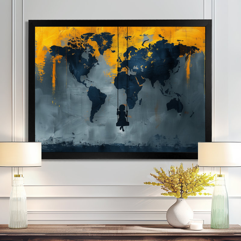 Jaune, jaune, carte du monde, aire de jeux Silhouette III - carte du monde, art mural, salon, Cadre simple noir