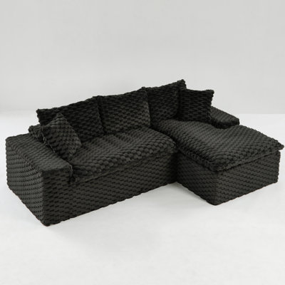 Black Turtle-Textured Velvet Fully Upholstered Sofa, Right-Facing L-Shape