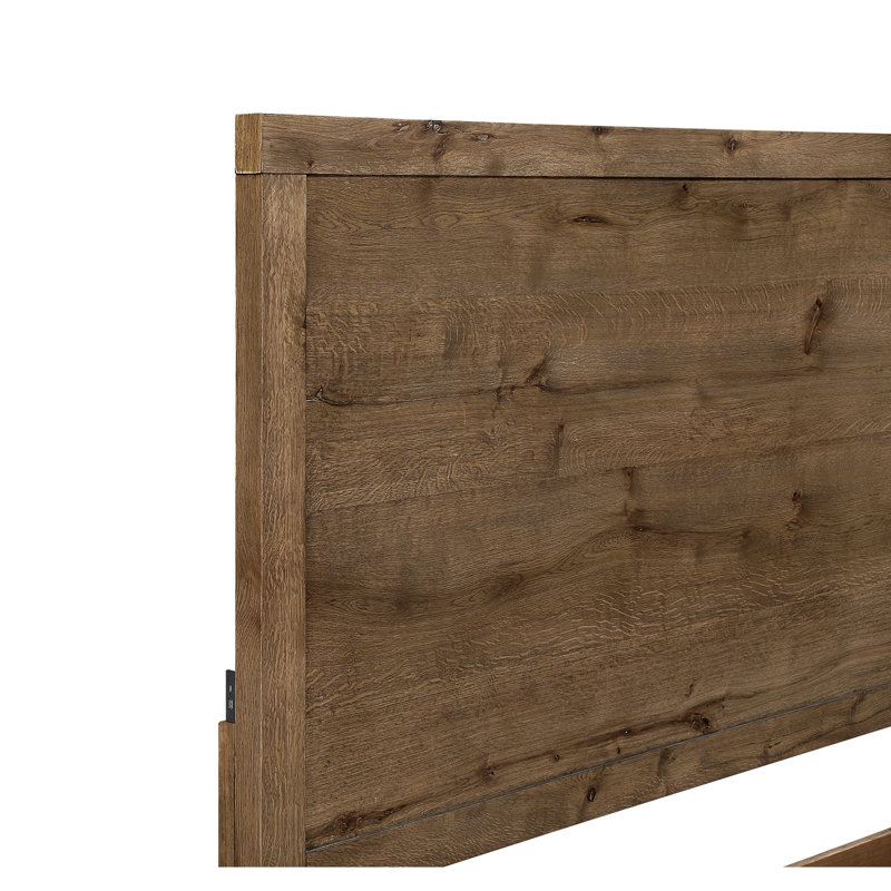 Lit rustique au fini brun avec charge USB et tête de lit en bois, Grand lit
