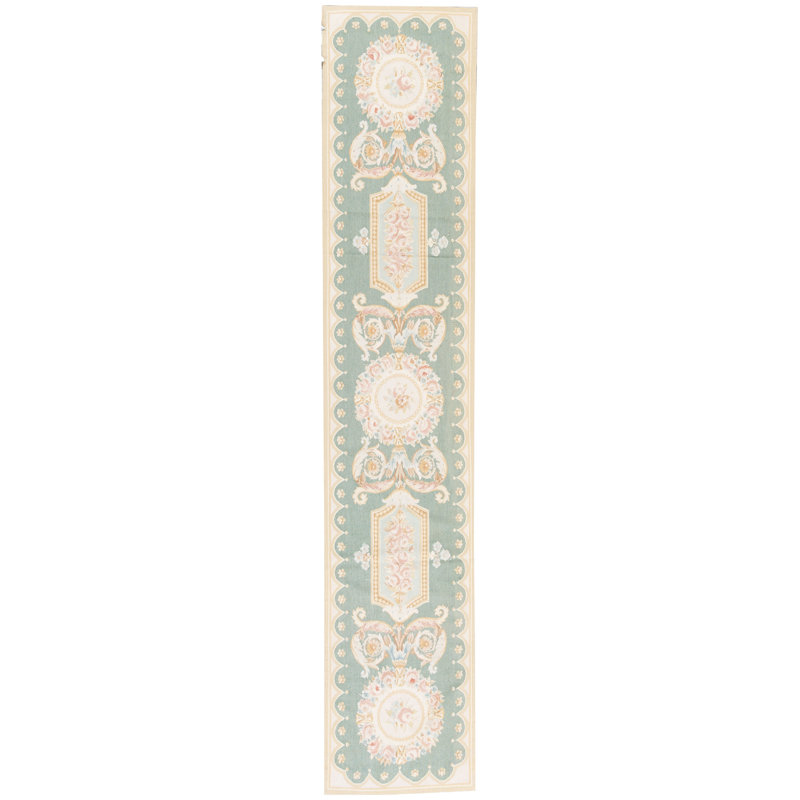 Hand-Knotted High-Quality Beige and Green Runner
