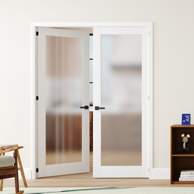 Modern Style 1-Paneled Frosted Glass Design Double Prehung French Interior Door, Trimable Frame, White Solid & Manufactured Wood with Frame & Handle