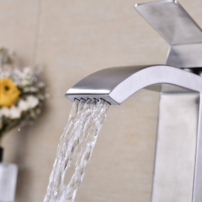 Robinet de lavabo de salle de bain avec sortie cascade, poignée simple, bonde escamotable pour trop-plein, nickel brossé, débit d'eau facile et ajustement de la température, matériau en acier inoxydable, débit stable,
