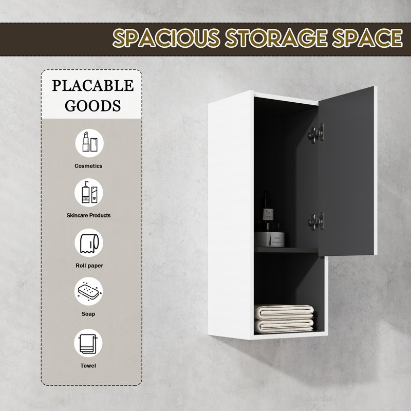 12" Bathroom Side Cabinet,Soft Close Doors,Float Mounting Design, White