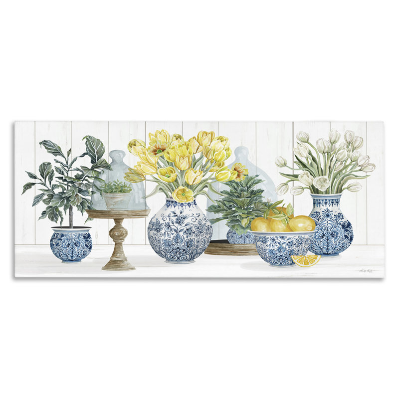 Art mural sur toile, "Tulipes jaunes et fruits citron" par Cindy Jacobs, H 17 po x l 40 po