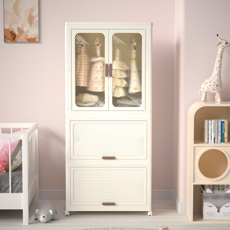Portable Wardrobe Closet Storage Organizer For Clothes,clothes Dresser, Magnetic Doors With 4 Cubes & Hanging Rod,10 Pcs Hangers , Baby Wardrobe Storage Cabinet,white