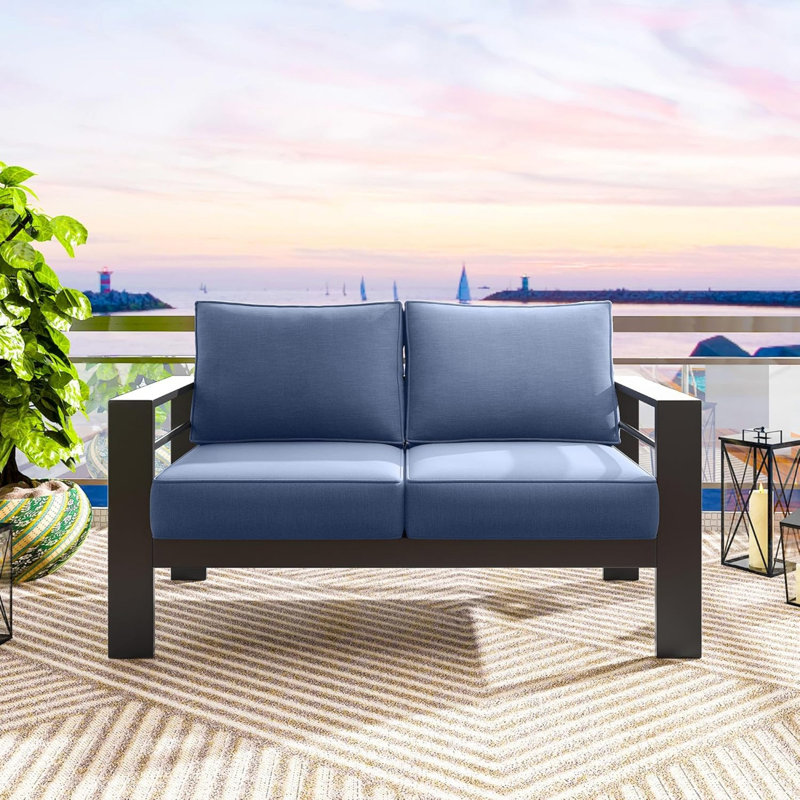 50" All-Weather Aluminum Patio Loveseat With Thick Cushions, Blue, Black