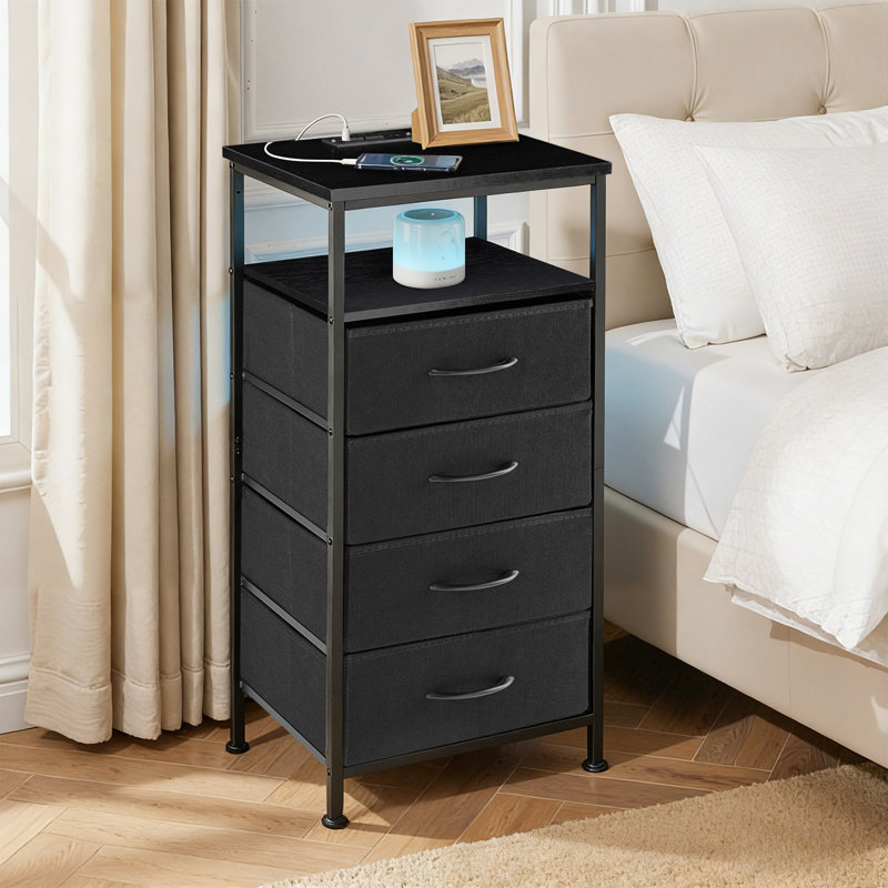 Nightstand With Charging Station, Bedside End Table With 4 Fabric Drawers & USB/Type-C Ports And Outlets, Night Stand For Bedroom Furniture, Adjustable Feet And Variable Light Strip