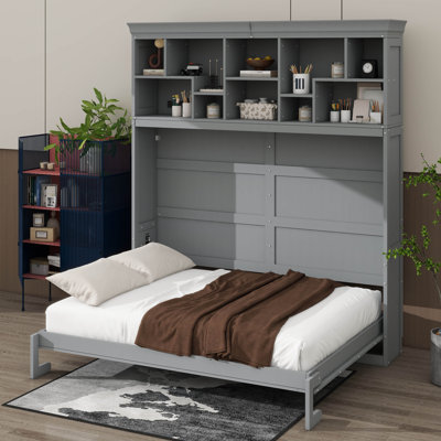 Grand lit escamotable avec tablettes supérieures, conception murale en bois avec connectivité USB