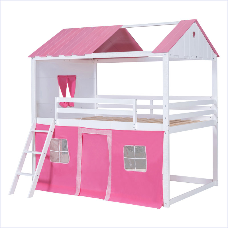 Lit superposé en bois avec fenêtres élégantes, Rose, Lit double