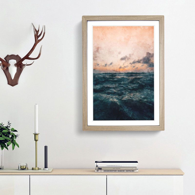 Ocean Beneath a Peach Sky - Picture Frame Graphic Art Print, Oak Framed, 63cm H x 45cm W x 2cm D