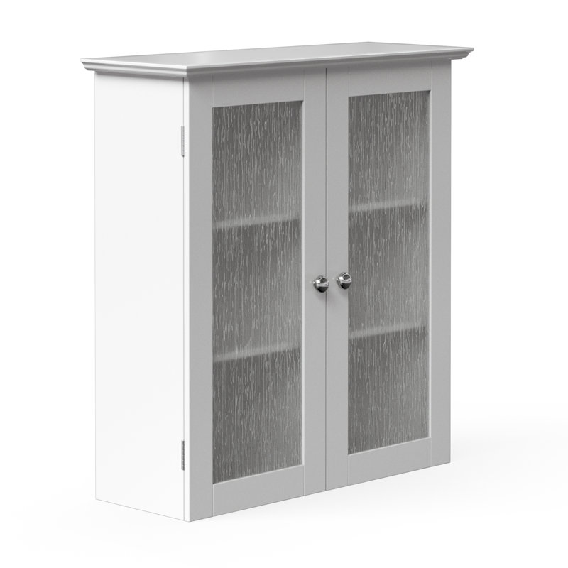 Removable Two-Door Wall Cabinet with Water-Textured Glass and Adjustable Shelves, White