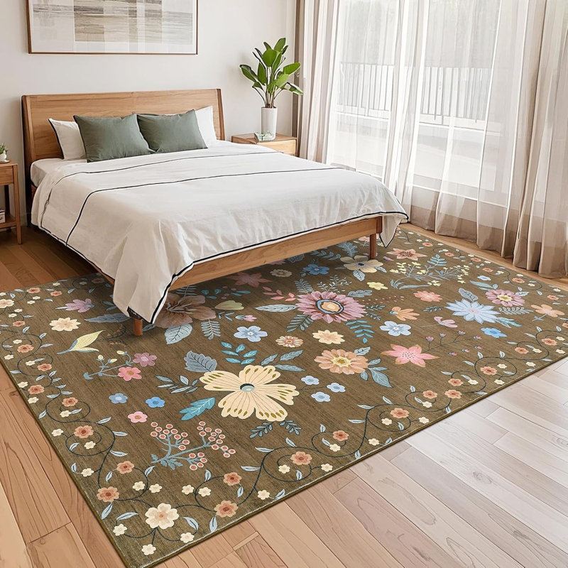 Runner Rug Kitchen Floral Rug Runners for Hallway Bedroom, Soft Thin Indoor Low Pile Flower Carpet with Non Slip Backing