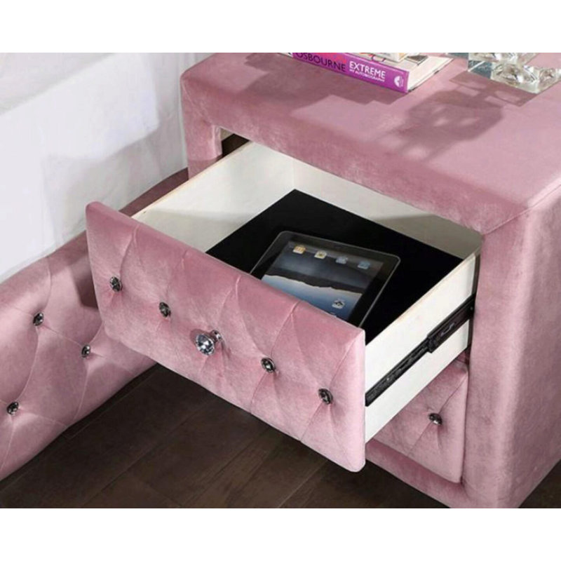 Table de chevet rose avec poignée en cristal acrylique, rangement de chambre à 2 tiroirs | Idée de cadeau