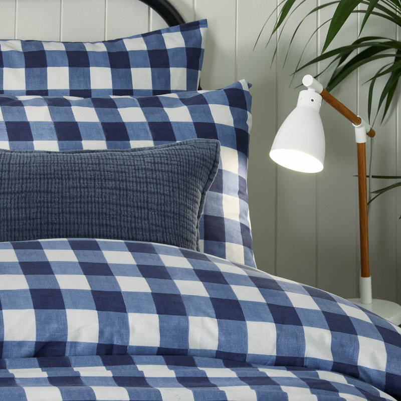 Hartsford Check Polyester Chequered Duvet Cover Set with Pillowcases Included, Kingsize Duvet Cover Set + 2 Pillowcases, Navy