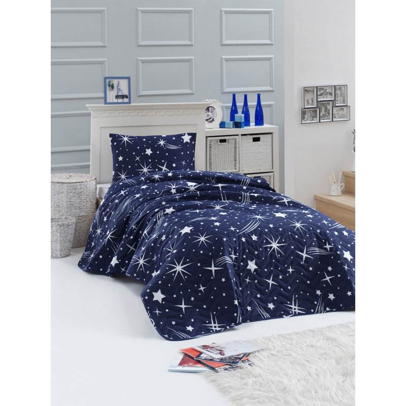 Couvre-lit en mélange de coton blanc / bleu foncé Emmie-May