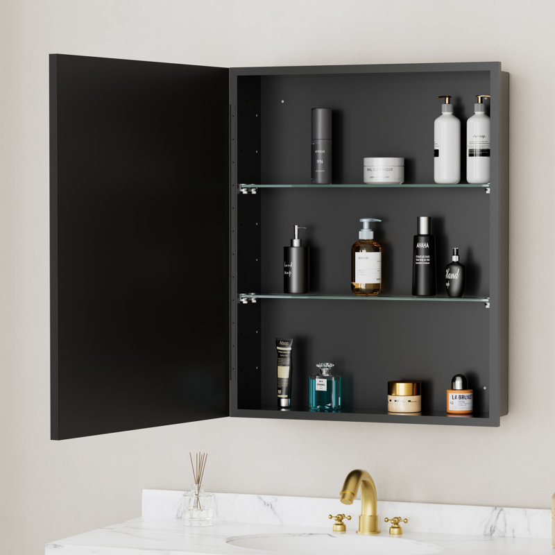 Elise 24 po L 30 po H Pharmacie rectangulaire en aluminium avec miroir, murale / encastrée Tablettes en verre, Noir mat