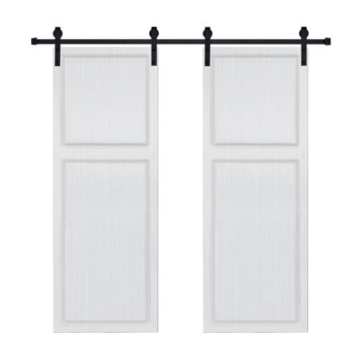 Double Modern 2 Panel   42 In. X 80 In. Mdf White Walnut Barn Sliding Door With Hardware Kit