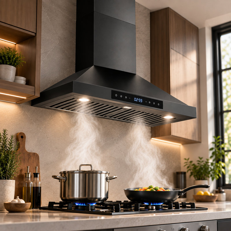 Hotte murale convertible 30 po 900 pi³ / min VENFAN, hotte de cuisine en acier inoxydable noir à 4 vitesses, lumières DEL et commandes tactiles