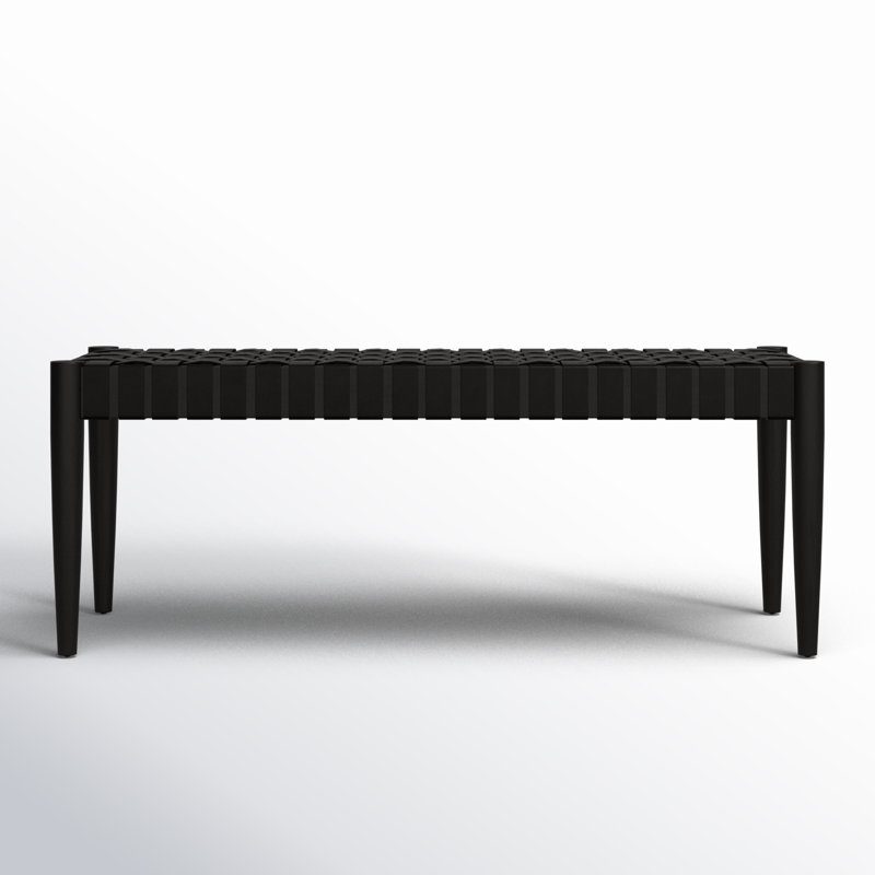 Orin 47" Woven Leather Bench, Black Frame/Black Leather
