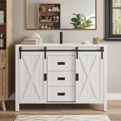 Meuble-lavabo 47 po avec 3 tiroirs et portes, blanc