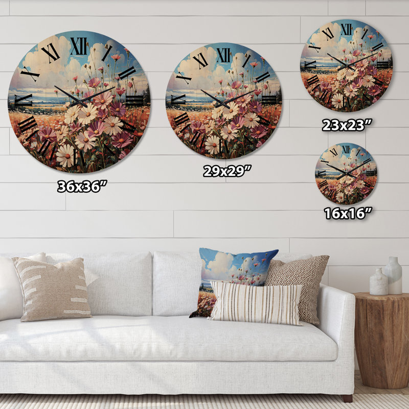 Horloge murale surdimensionnée en bois Wildflowers Majestic Blossoms Meadow, Très grand