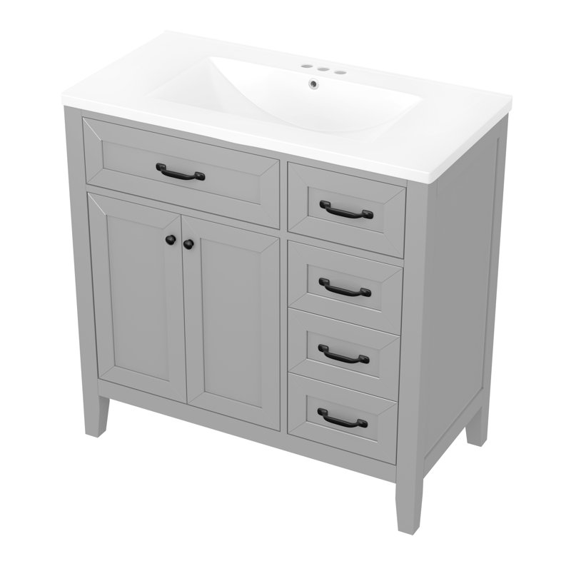 Meuble-lavabo 36 po, lavabo autoportant en bois massif et encastré gris, tiroirs décoratifs pour la maison, Grey