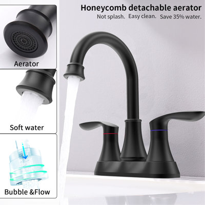 Bathroom Faucet Matte Black With 2 Handles, 360 Degree Swivel High Arc Spout, Pop-Up Drain & Hoses, 6 Inch Vanity Sink, Scratch-, Rust-, , Water Saving, Effortless Installation Process 4011B Sink Two