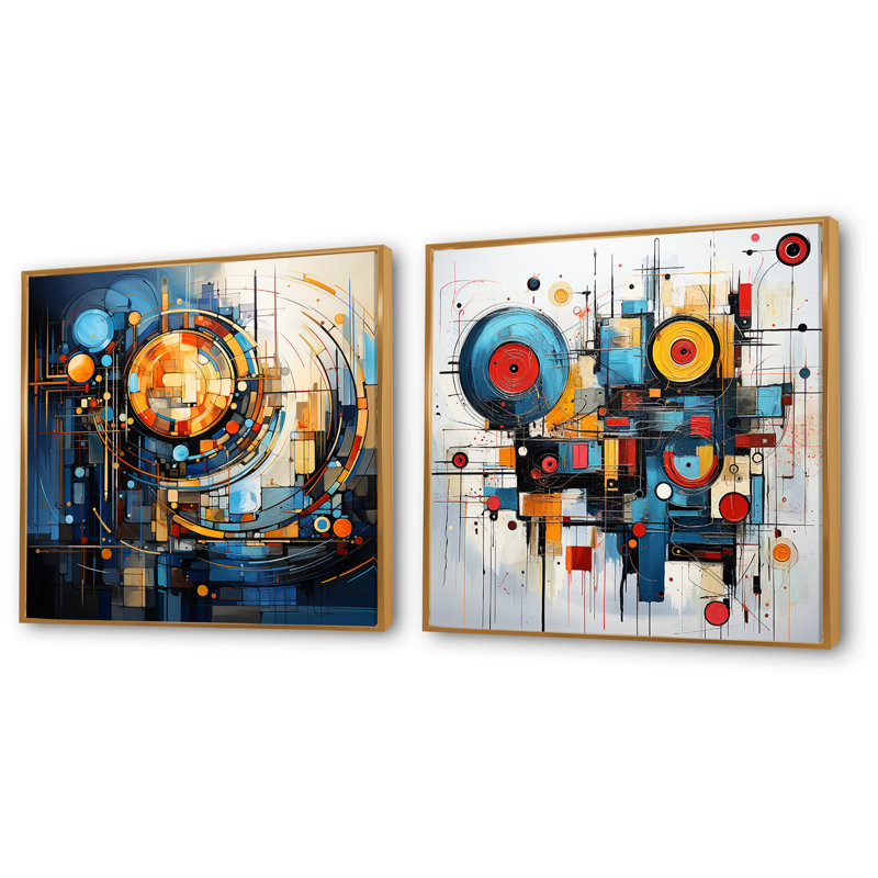 Minimalisme jaune et bleu formes élégantes I - formes abstraites d'art moderne sur toile, ensemble de 2, Encadrement doré