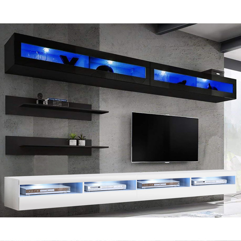 Lino 126" Modern Floating Wall Mounted Entertainment Center with 16-Color LED Lighting, High Gloss Finish, Black/White