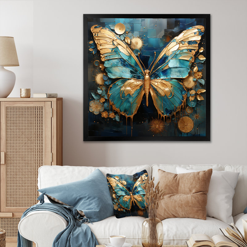 Art mural papillon doré et bleu II, Cadre simple noir, H 30 po x l 30 po x P 1,5 po