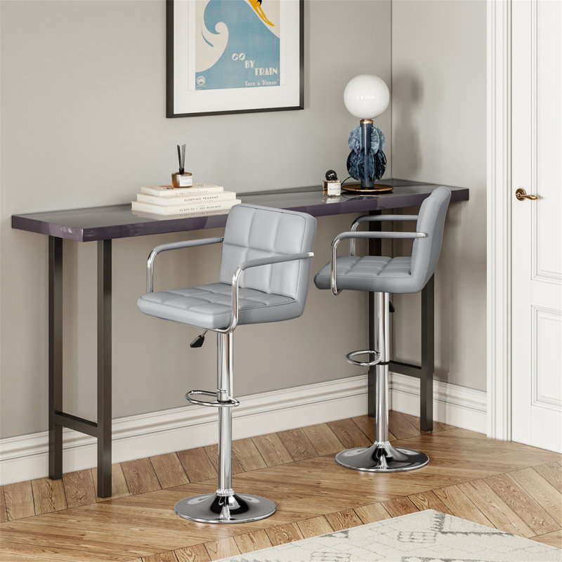 Set Of 2, Breakfast Bar Stool With Armrest And Back Swivel Gas Lift Leather Kitchen Bar Stool, White