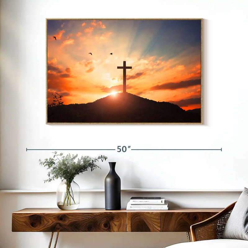 Coucher de soleil en croix, Cadre flottant en bois naturel, 40 po x 27 po
