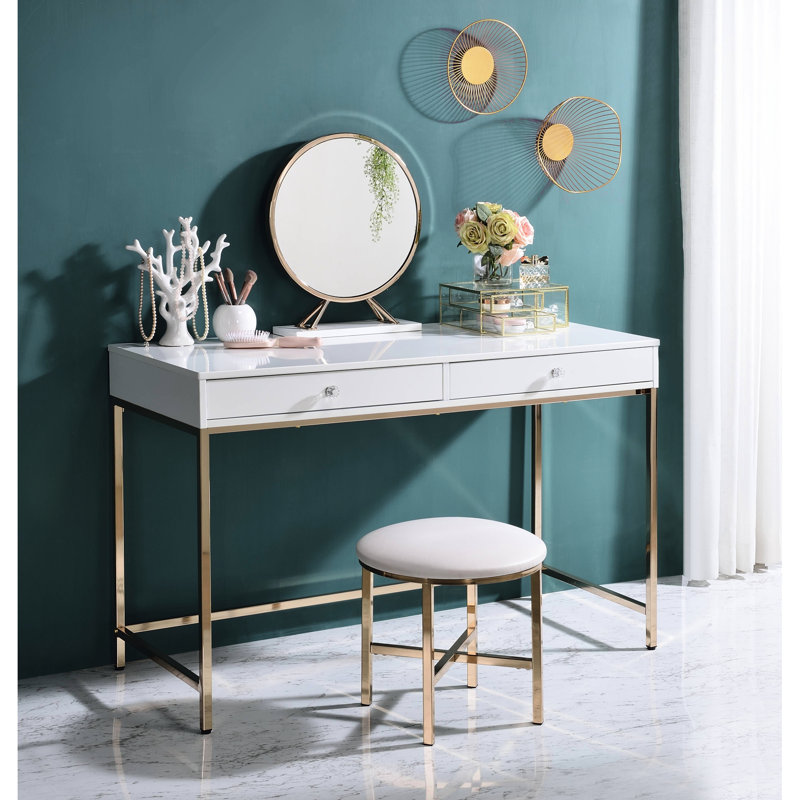 Bureau blanc ultrabrillant 2 avec accents dorés pour le style de chambre à coucher contemporain