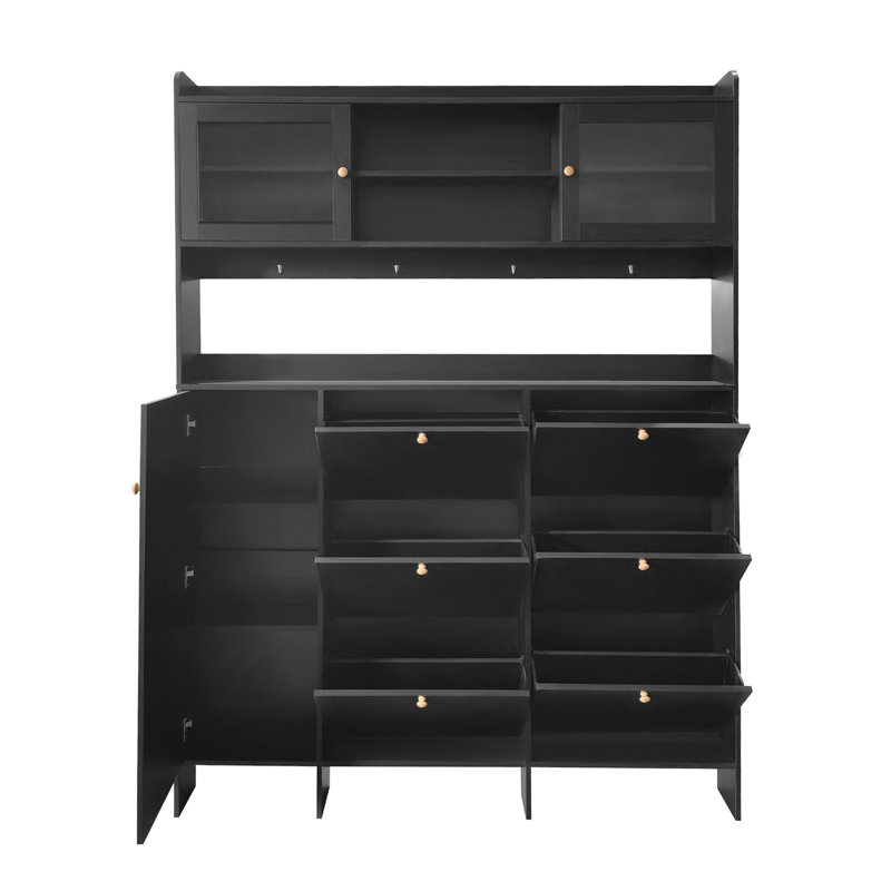 On-trend Multifunctional Tipping Bucket Shoe Cabinet With Storage Shelf & 6 Flip Drawers, Black