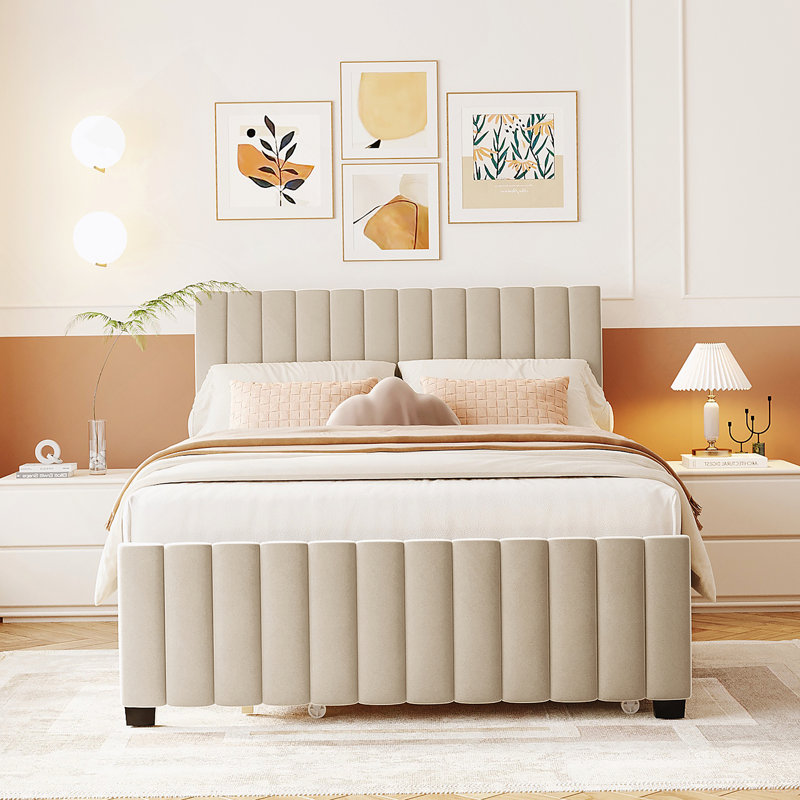Lit plateforme tapissier double en velours avec lit gigogne simple, beige, Beige